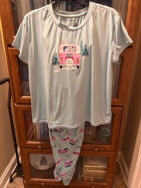 Happy Camper Mint Green Pajama Set with Pink Camper Motif